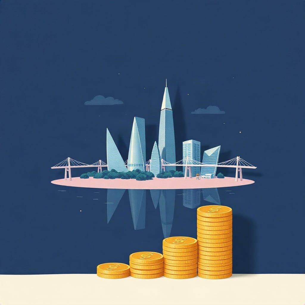 Glass towers on a small island at dusk, a bridge to either shore, the towers reflected in the water and stacks of gold coins in front