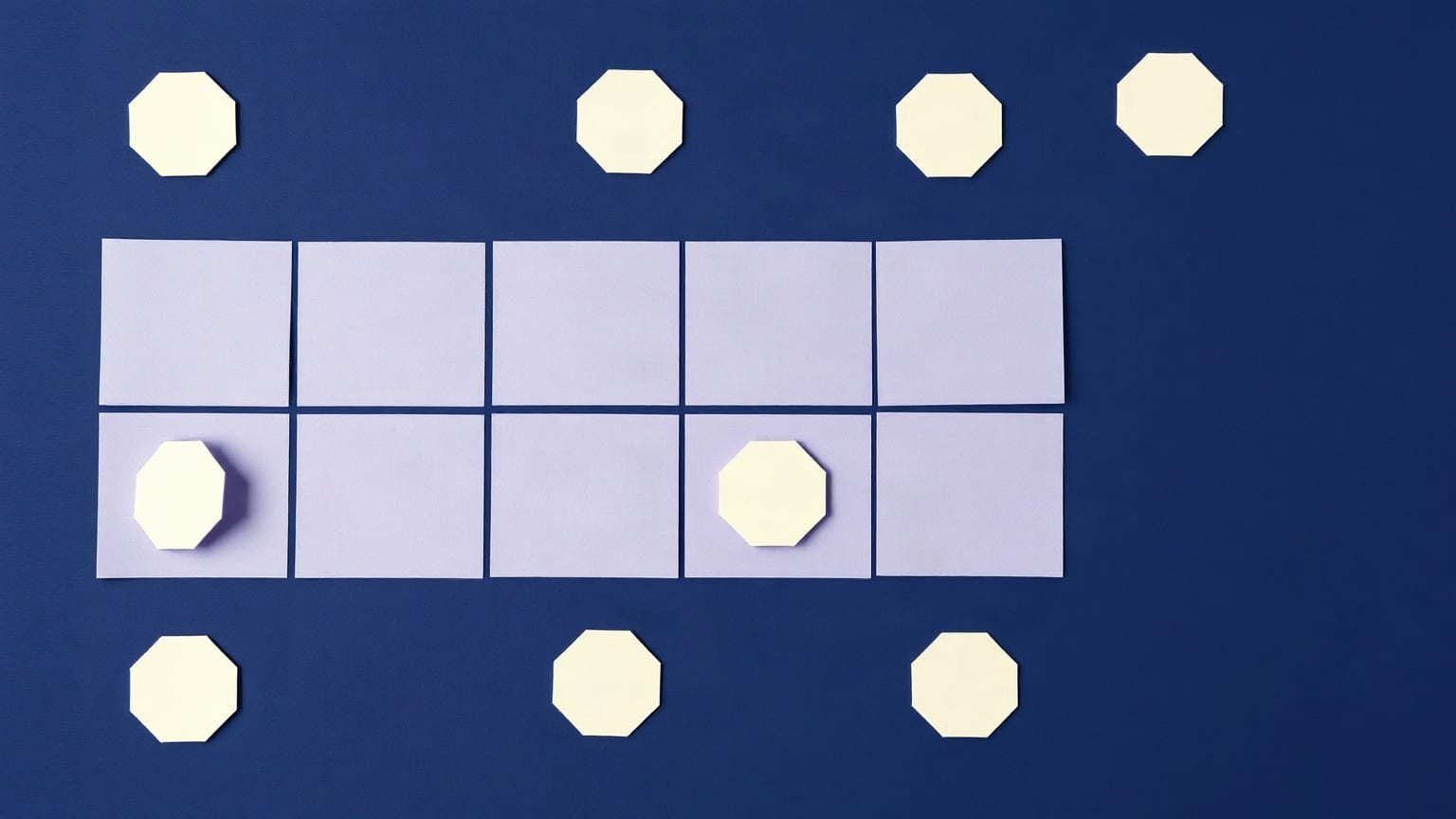 A grid of paper tiles with half of them replaced by linked hexagonal nodes