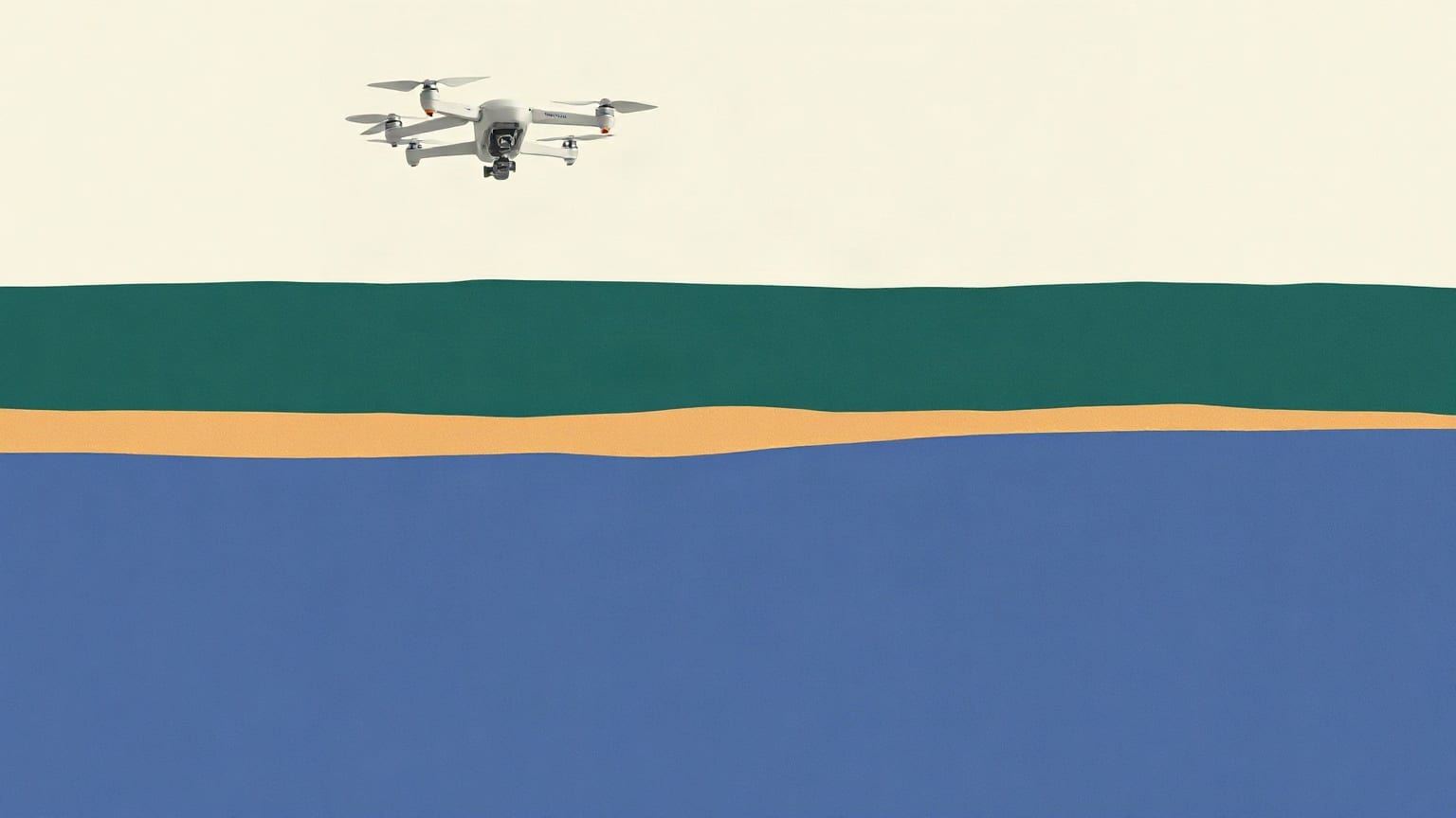 A small white drone above horizontal paper bands of green, sand and deep blue