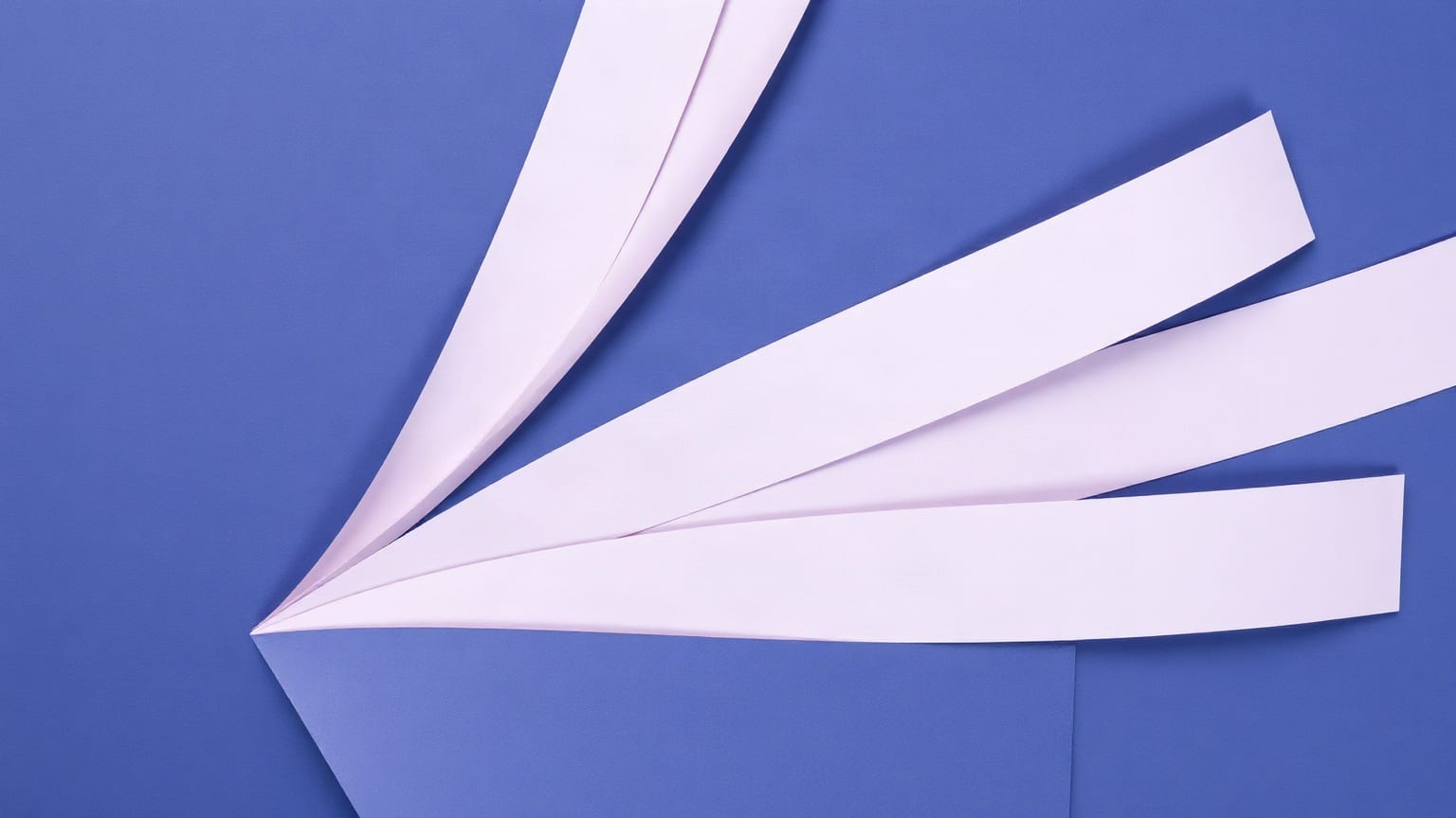 Five pale lilac paper bands of different widths fanning out from one periwinkle point on an indigo ground