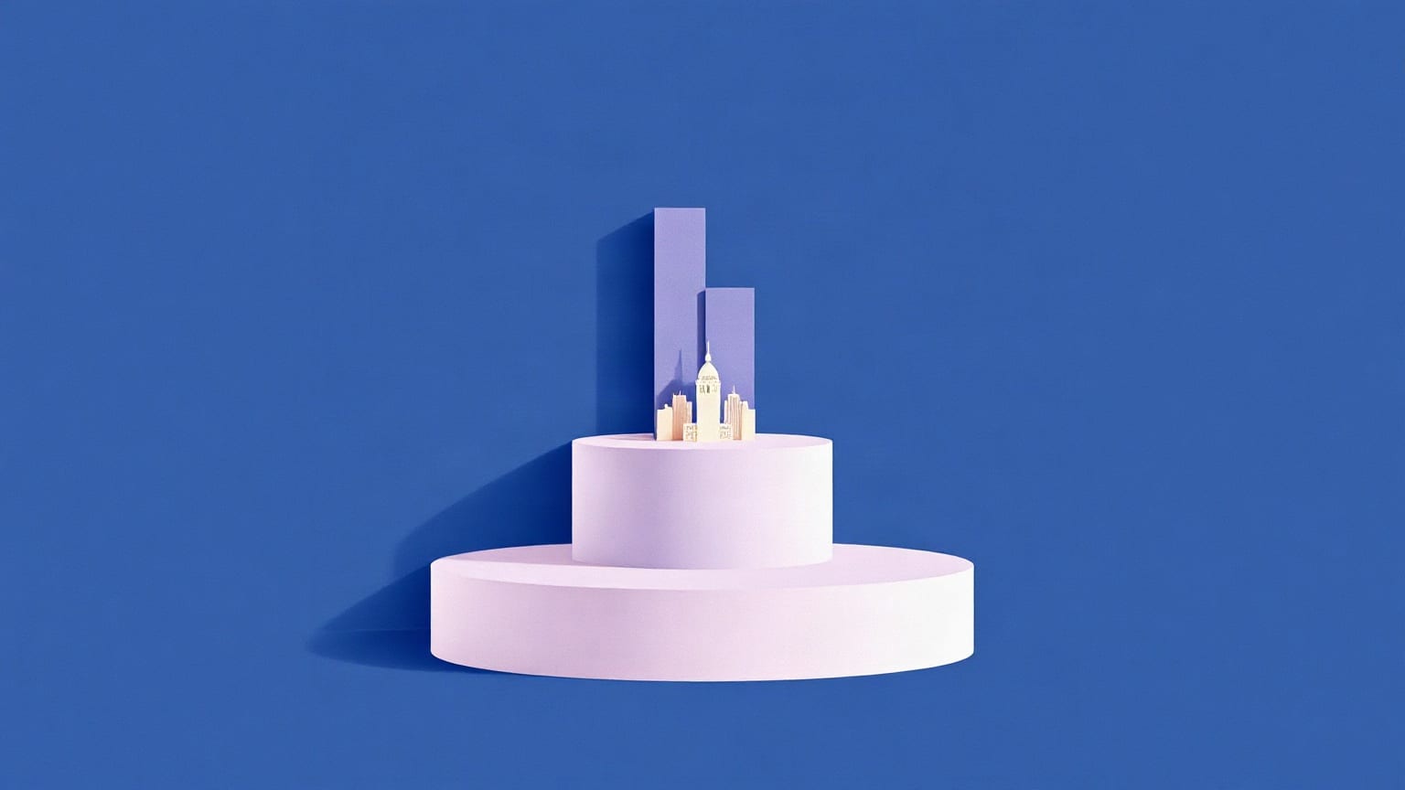 A three-step podium in cut paper ringed by small tower shapes