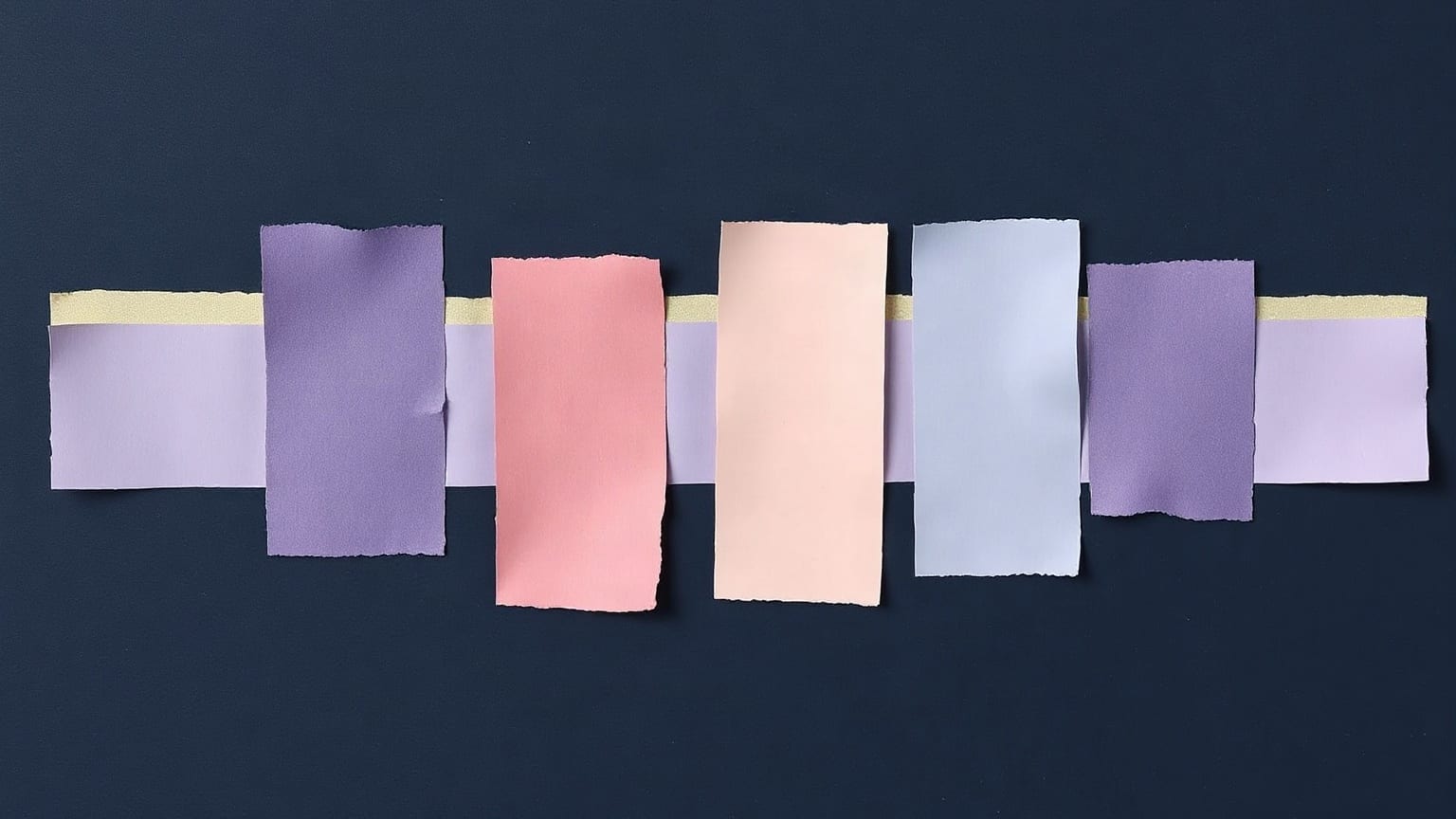 Seven upright paper strips in pale violet, pink and cream standing side by side on dark blue