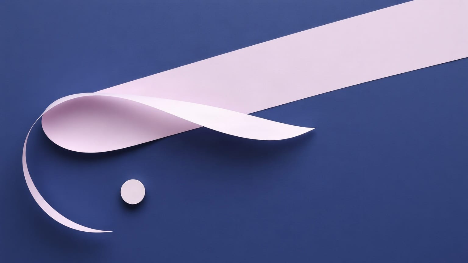 A long periwinkle paper ribbon looping across a deep indigo ground, a small lilac square riding on it