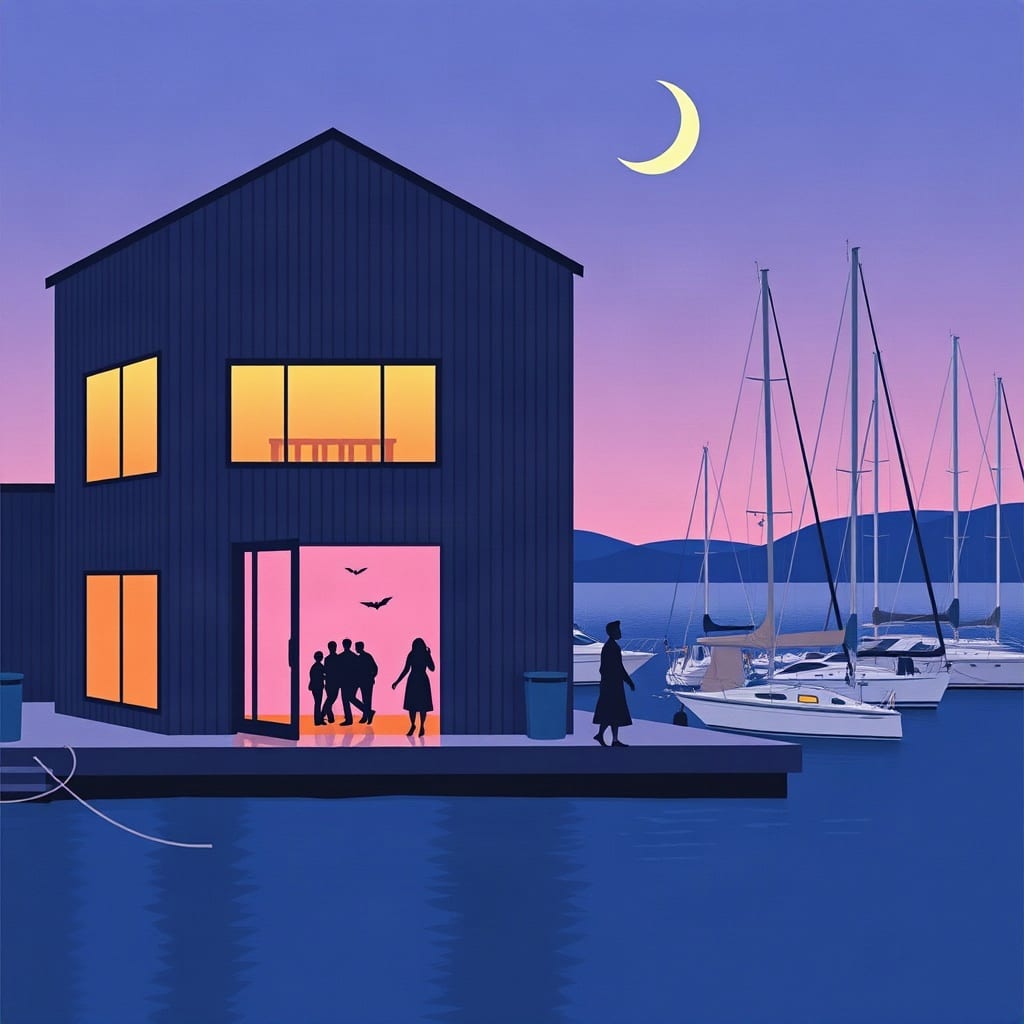 A dark waterfront studio with its door open on a warm pink-lit room, people in silhouette and bats inside, yachts in the marina and a crescent moon