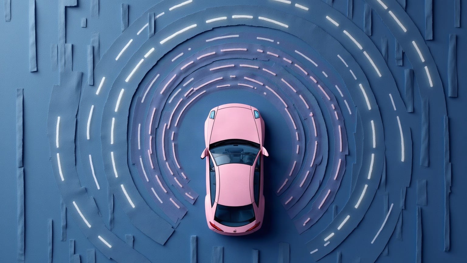 A car seen from above with a roof sensor and scanning arcs spreading over a street grid