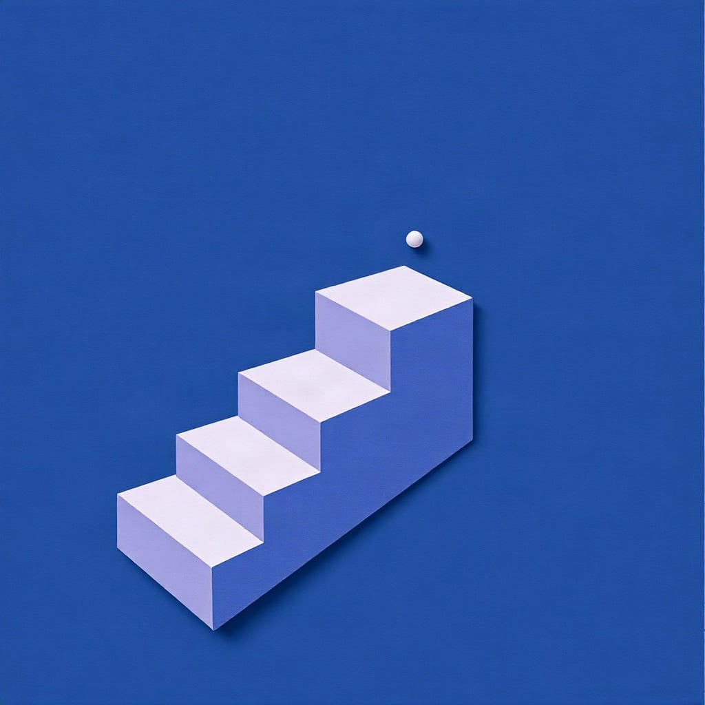 A short flight of pale lilac paper steps on an indigo ground, a periwinkle dot at the top