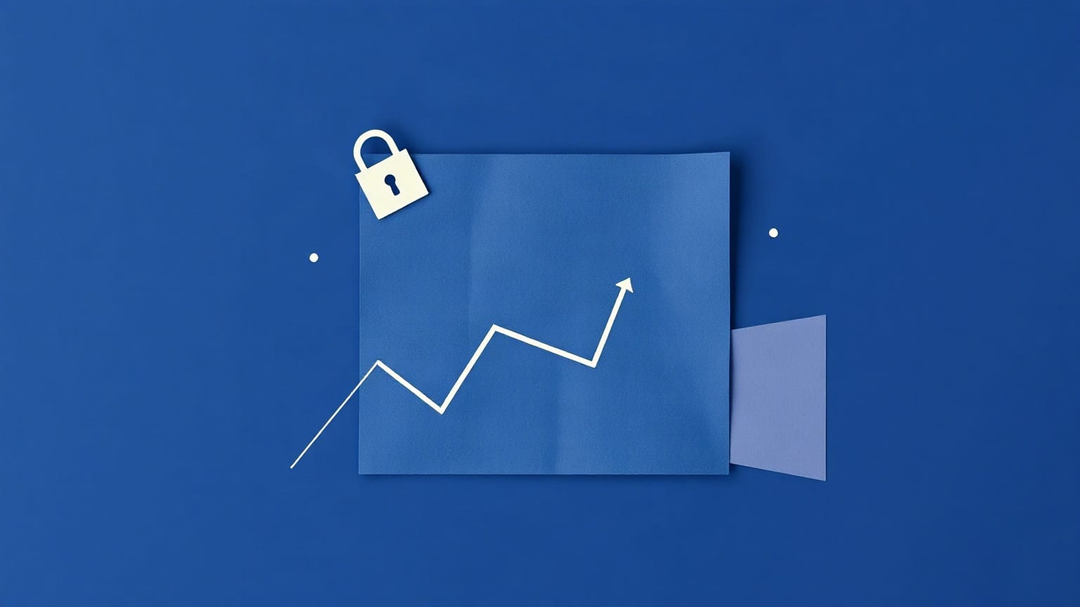 Two overlapping paper sheets with a rising step chart and a padlock