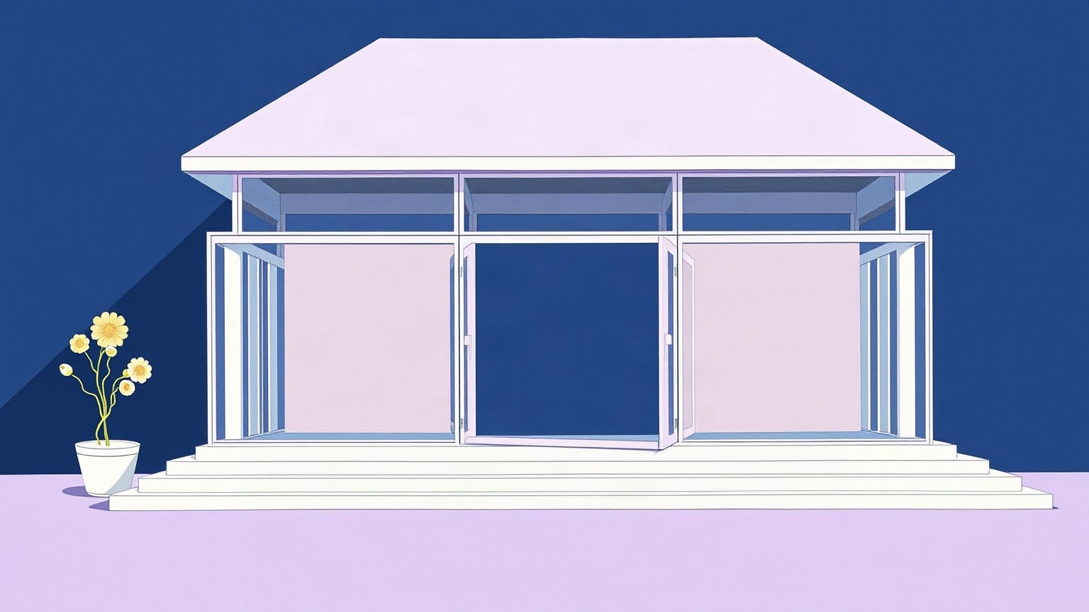 Cut-paper illustration: a glass-fronted pavilion of layered panels under a wide entrance canopy.