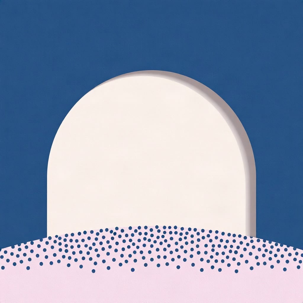 A pale lilac paper arch on an indigo ground with a crowd of tiny periwinkle dots beneath it