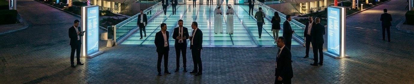 Visitors crossing a lit plaza outside a conference entrance at dusk